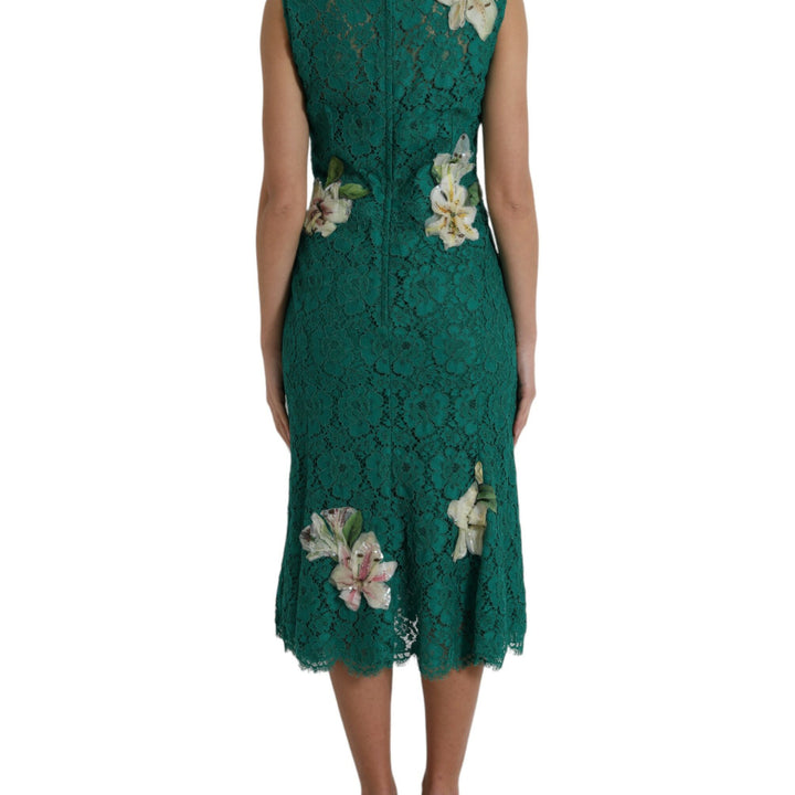 Dolce & Gabbana Green Lace Floral Applique Aline Midi Dress