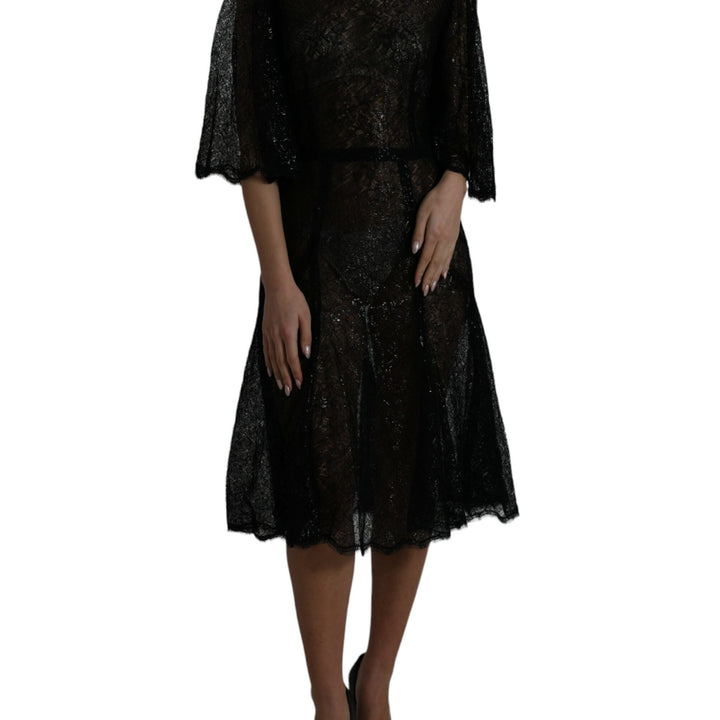 Dolce & Gabbana Black Floral Lace Sheer A-line Midi Dress