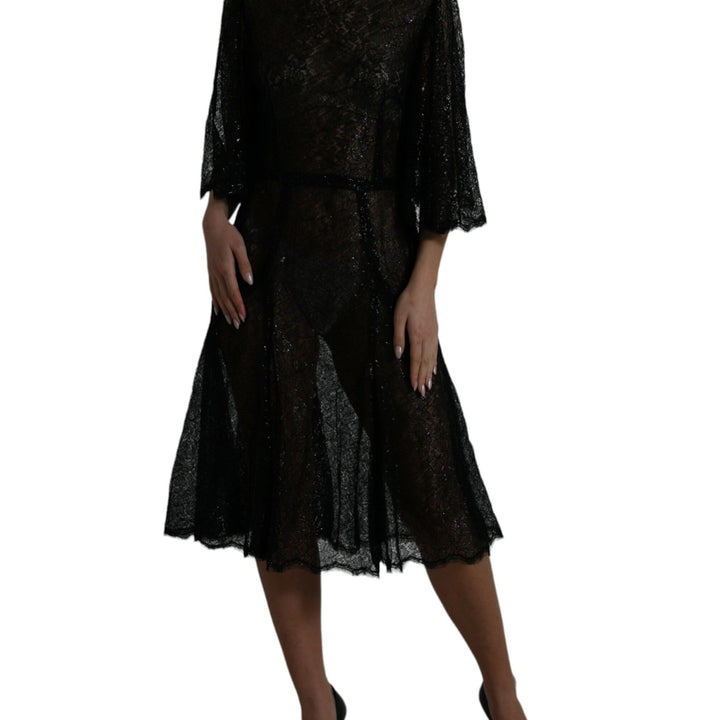 Dolce & Gabbana Black Floral Lace Sheer A-line Midi Dress