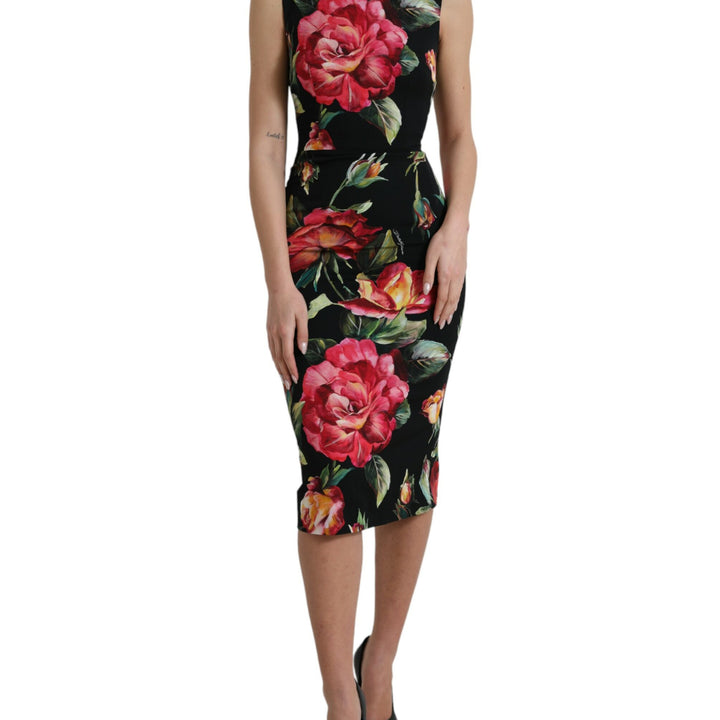 Dolce & Gabbana Black Floral Print Silk Sheath Midi Dress