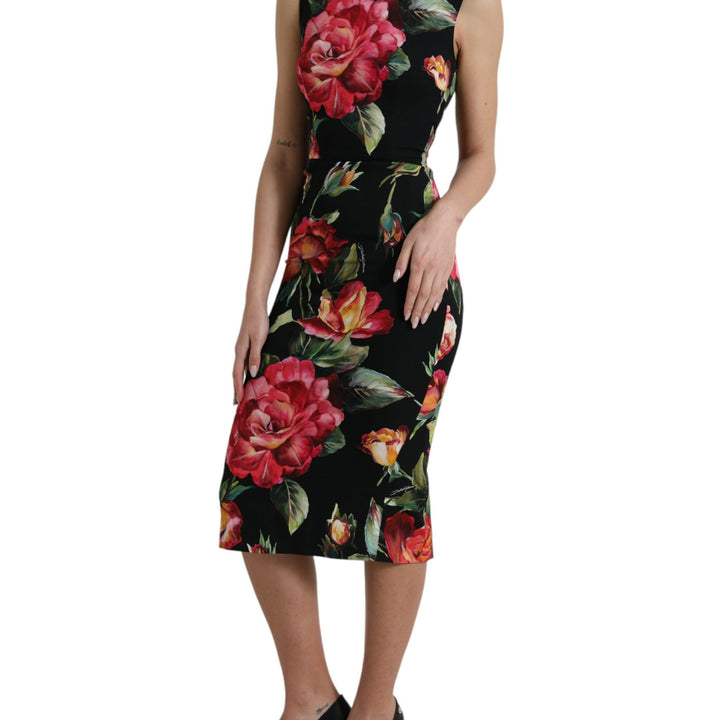 Dolce & Gabbana Black Floral Print Silk Sheath Midi Dress