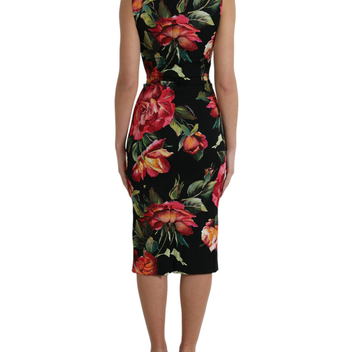 Dolce & Gabbana Black Floral Print Silk Sheath Midi Dress