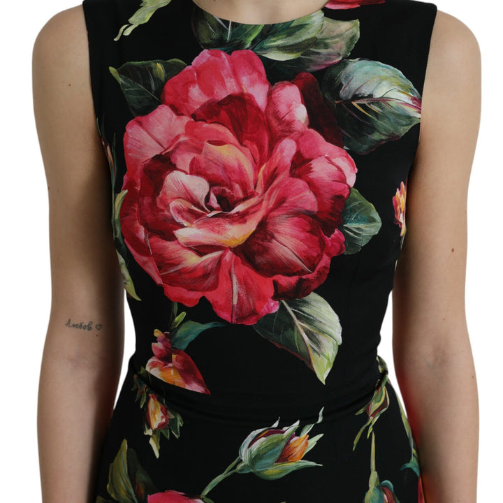 Dolce & Gabbana Black Floral Print Silk Sheath Midi Dress