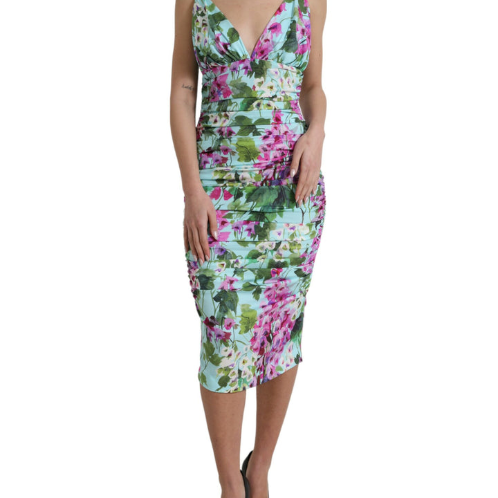 Dolce & Gabbana Multicolor Floral V-neck Sheath Midi Dress