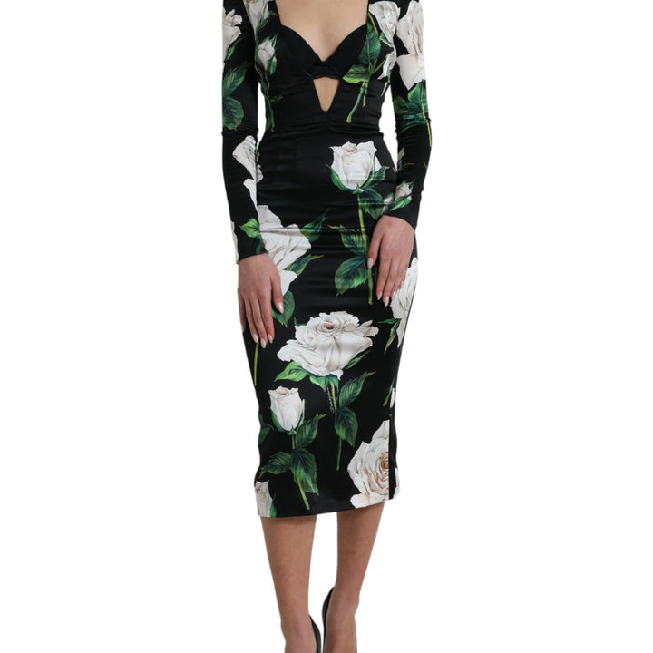 Dolce & Gabbana Black Roses Print Silk Bodycon Midi Dress