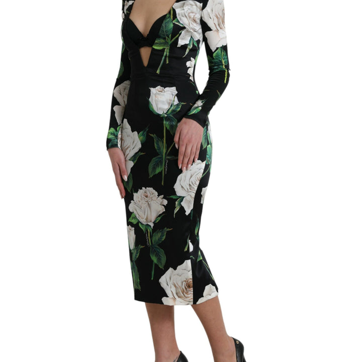 Dolce & Gabbana Black Roses Print Silk Bodycon Midi Dress