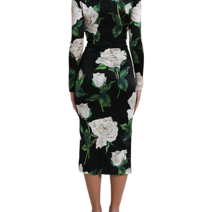 Dolce & Gabbana Black Roses Print Silk Bodycon Midi Dress