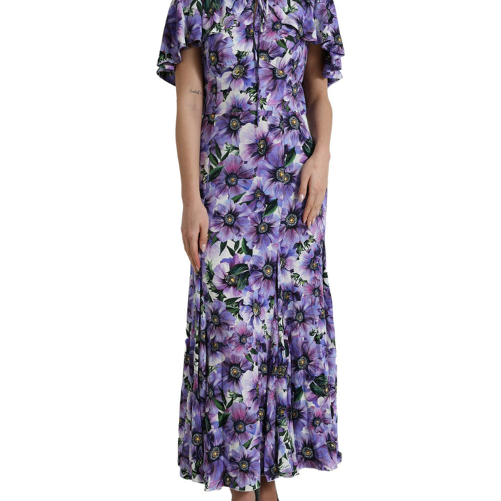 Dolce & Gabbana Purple Anemone Print Silk Aline Maxi Dress