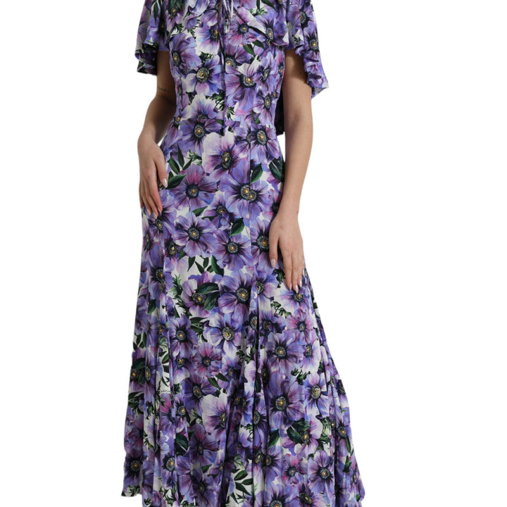 Dolce & Gabbana Purple Anemone Print Silk Aline Maxi Dress