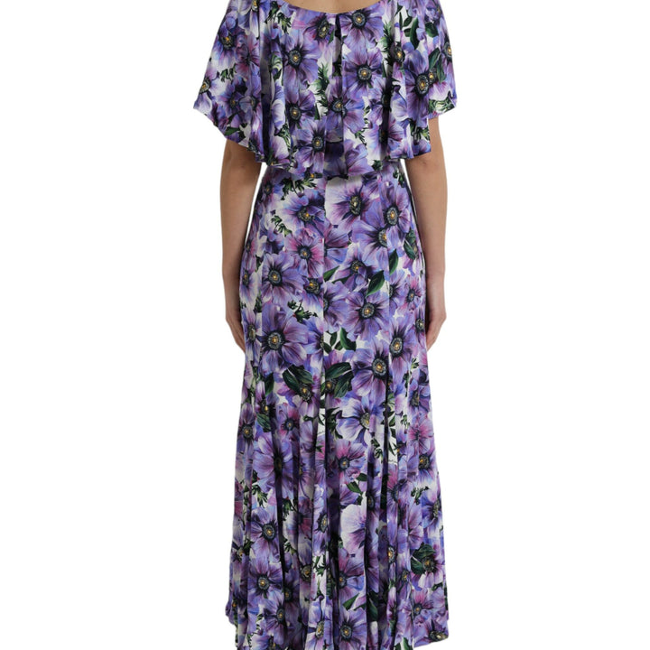 Dolce & Gabbana Purple Anemone Print Silk Aline Maxi Dress