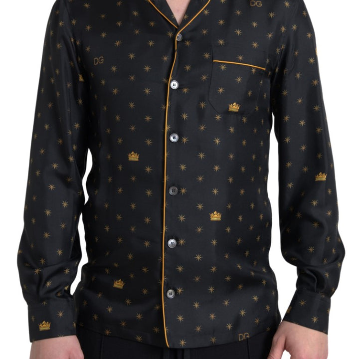 Dolce & Gabbana Black Gold Printed Men Pajama Silk Shirt