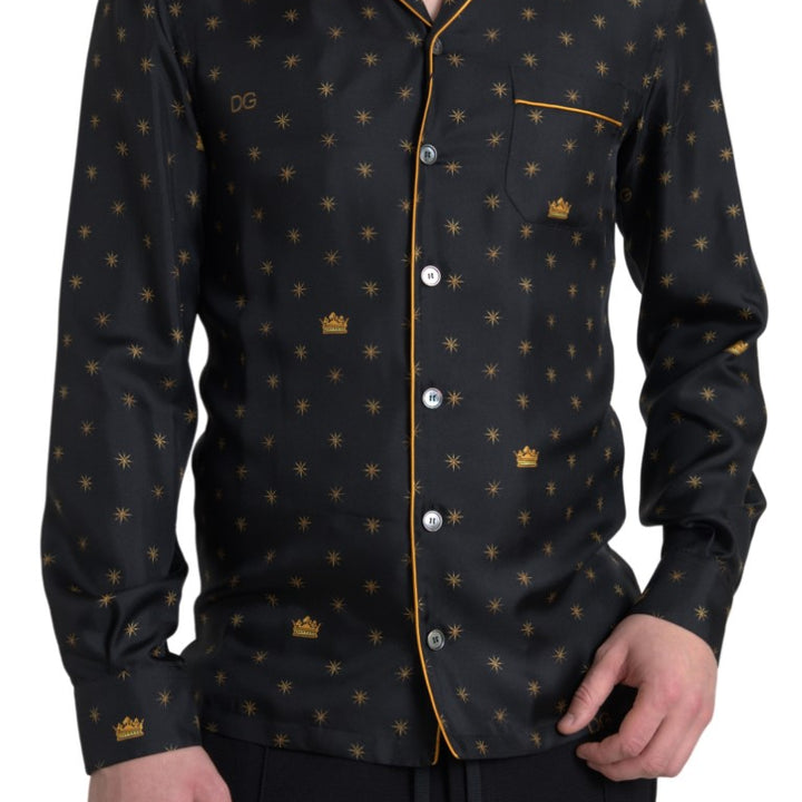 Dolce & Gabbana Black Gold Printed Men Pajama Silk Shirt