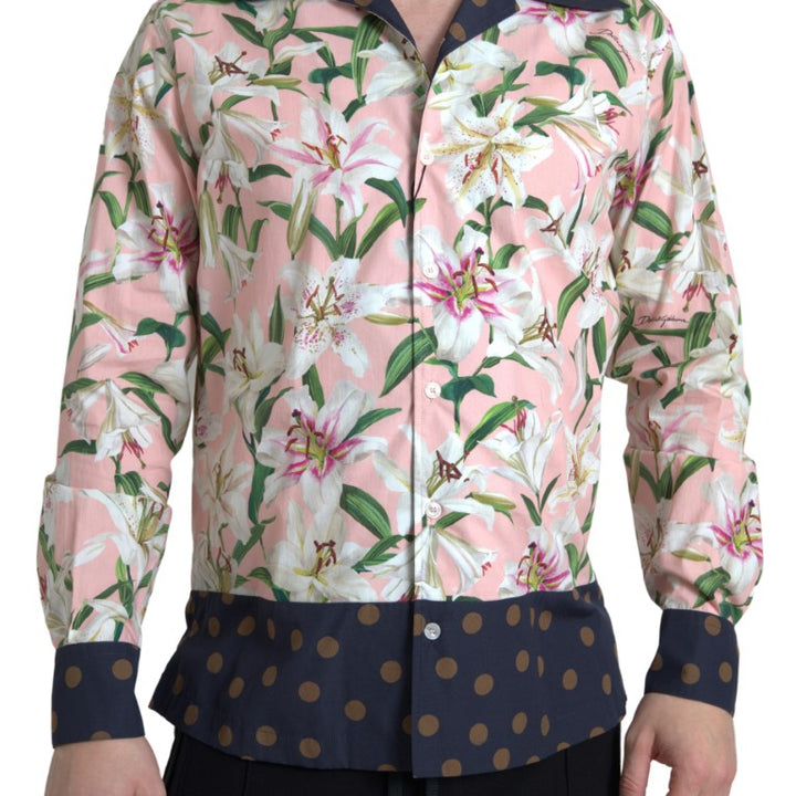 Dolce & Gabbana Cotton Polka Dot Lily Print Collared Shirt