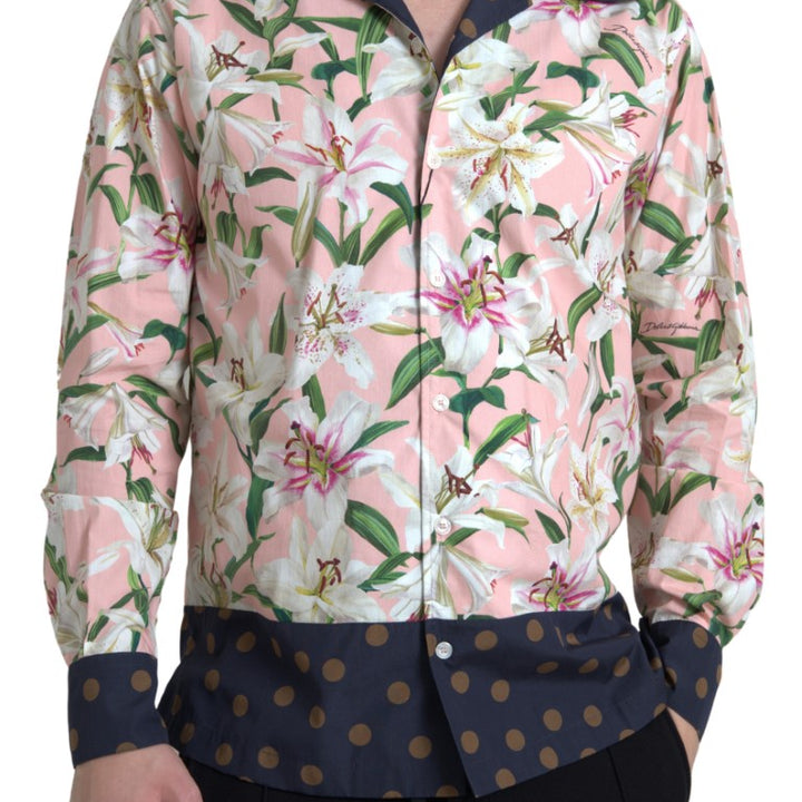 Dolce & Gabbana Cotton Polka Dot Lily Print Collared Shirt