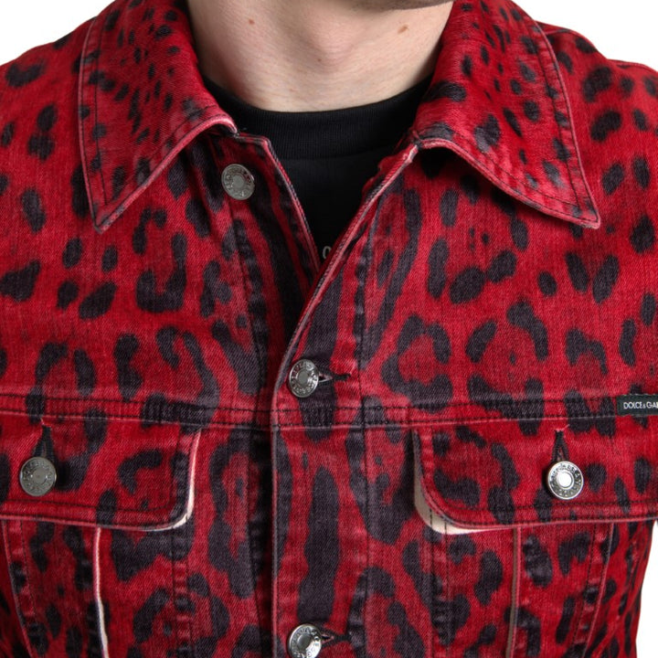 Dolce & Gabbana Red Leopard Cotton Collared Denim Jacket