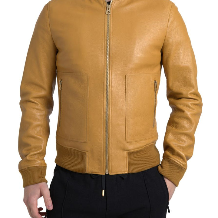 Dolce & Gabbana Yellow Leather Full Zip Bomber Men Jacket