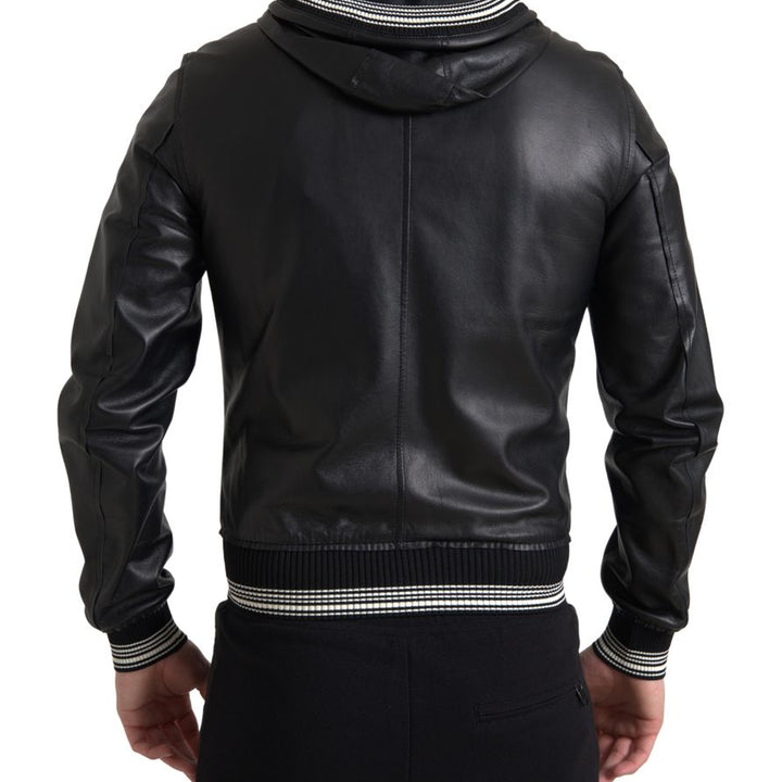Dolce & Gabbana Black Leather Full Zip Hooded Men Jacket