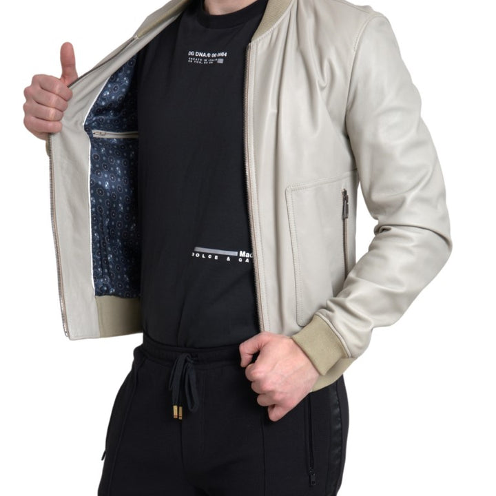 Dolce & Gabbana Cream Leather Bomber Blouson Full Zip Jacket