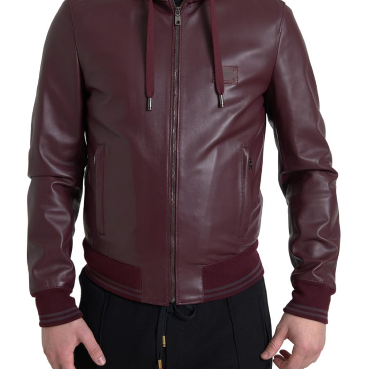 Dolce & Gabbana Bordeaux Leather Hooded Full Zip Men Jacket