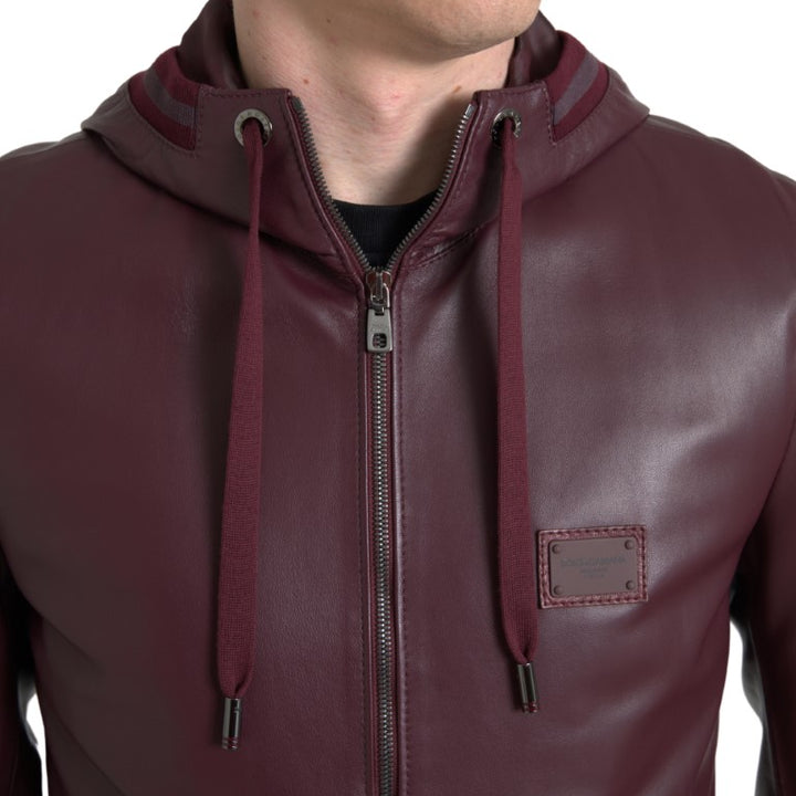 Dolce & Gabbana Bordeaux Leather Hooded Full Zip Men Jacket