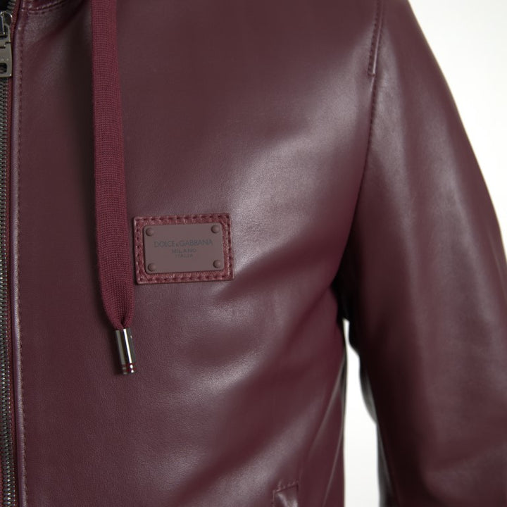 Dolce & Gabbana Bordeaux Leather Hooded Full Zip Men Jacket