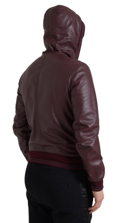 Dolce & Gabbana Bordeaux Leather Hooded Full Zip Men Jacket