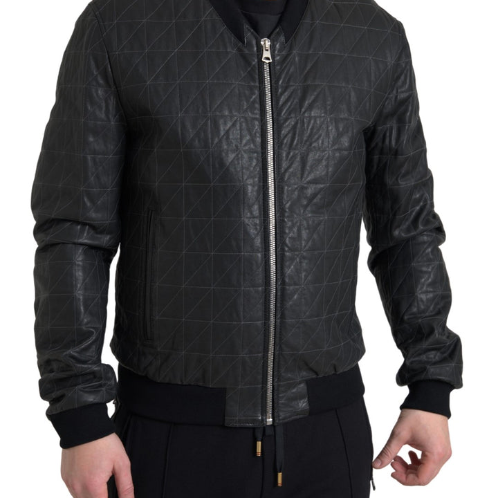 Dolce & Gabbana Black Leather Full Zip Bomber Coat Jacket