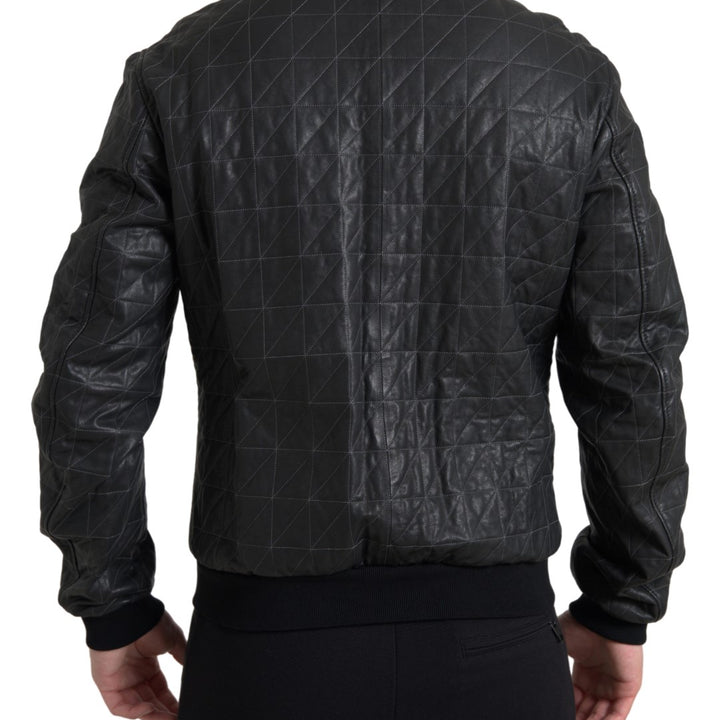 Dolce & Gabbana Black Leather Full Zip Bomber Coat Jacket