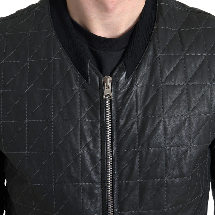 Dolce & Gabbana Black Leather Full Zip Bomber Coat Jacket