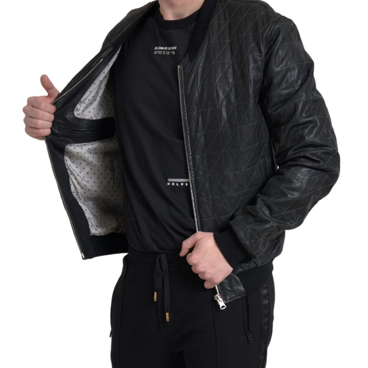 Dolce & Gabbana Black Leather Full Zip Bomber Coat Jacket