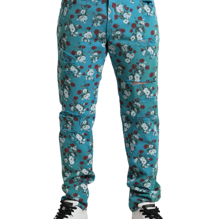 Dolce & Gabbana Blue Floral Print Skinny Cotton Denim Pants