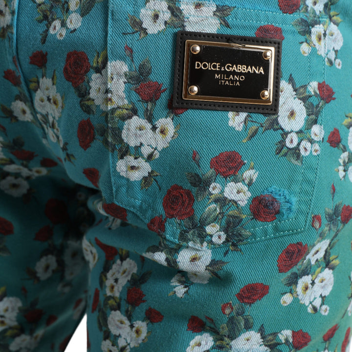 Dolce & Gabbana Blue Floral Print Skinny Cotton Denim Pants