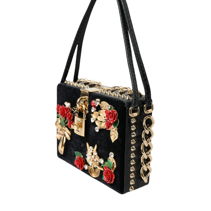 Dolce & Gabbana Black Floral Padlock Leather Crystal Velvet Clutch BOX Bag