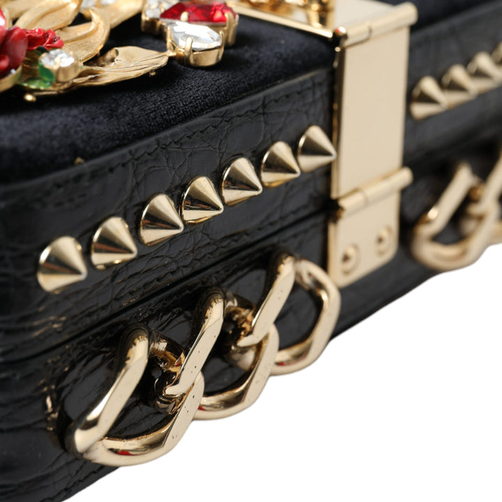 Dolce & Gabbana Black Floral Padlock Leather Crystal Velvet Clutch BOX Bag