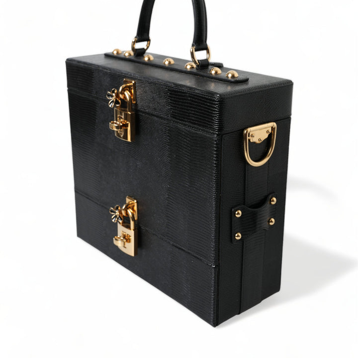 Dolce & Gabbana Black Iguana Leather Lock Box Shoulder Hand Luggage Bag