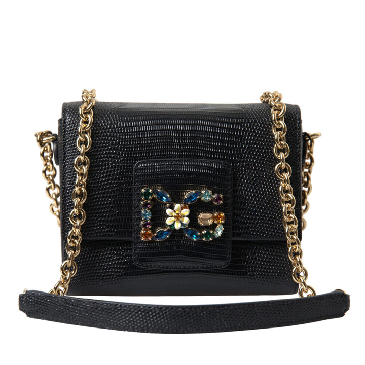 Dolce & Gabbana Black Leather DG Crystals Shoulder Crossbody Bag