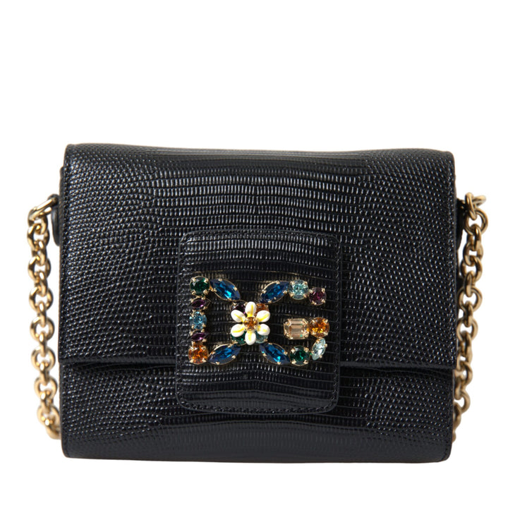 Dolce & Gabbana Black Leather DG Crystals Shoulder Crossbody Bag