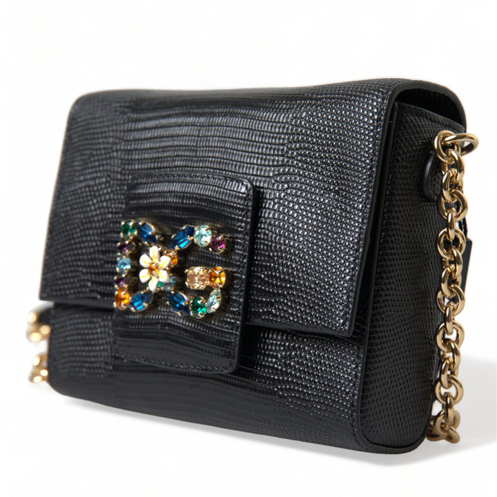 Dolce & Gabbana Black Leather DG Crystals Shoulder Crossbody Bag