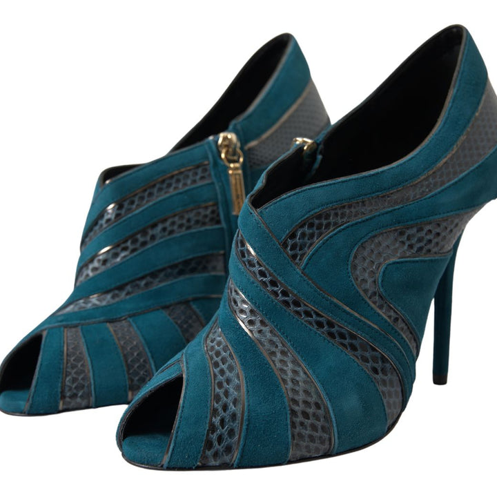 Dolce & Gabbana Blue Teal Snakeskin Peep Toe Ankle Booties Shoes