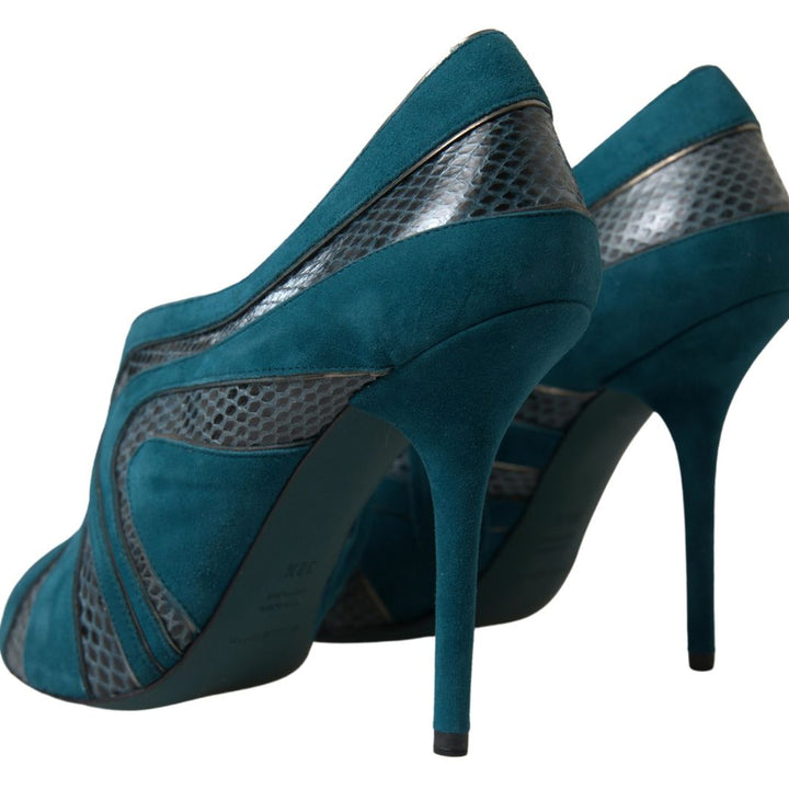 Dolce & Gabbana Blue Teal Snakeskin Peep Toe Ankle Booties Shoes