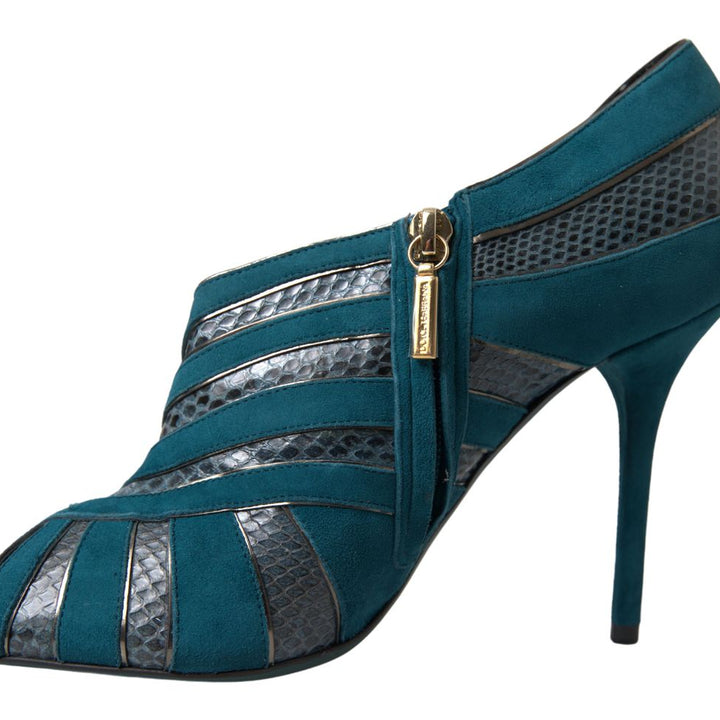 Dolce & Gabbana Blue Teal Snakeskin Peep Toe Ankle Booties Shoes