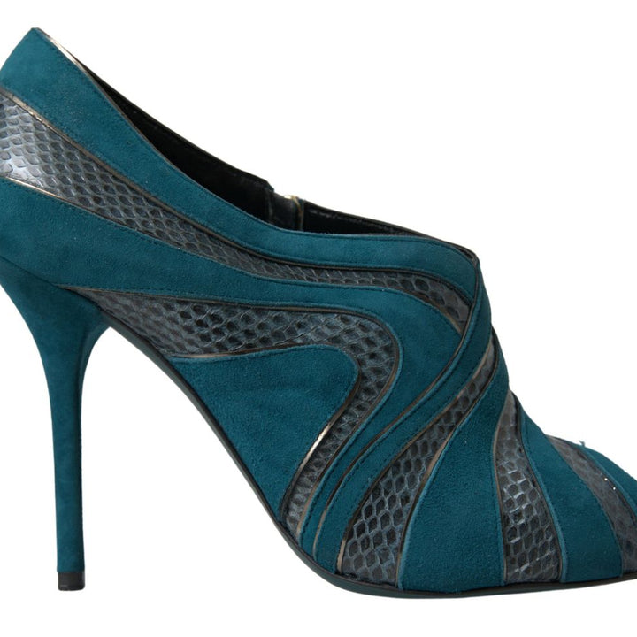 Dolce & Gabbana Blue Teal Snakeskin Peep Toe Ankle Booties Shoes