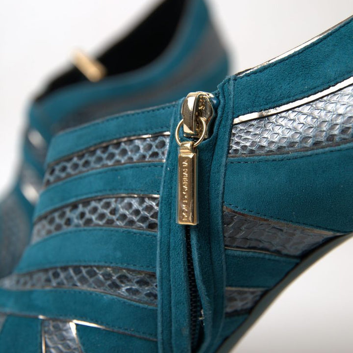 Dolce & Gabbana Blue Teal Snakeskin Peep Toe Ankle Booties Shoes