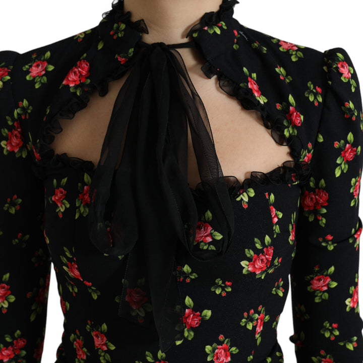 Dolce & Gabbana Black Floral A-line Long Sleeves Mini Dress