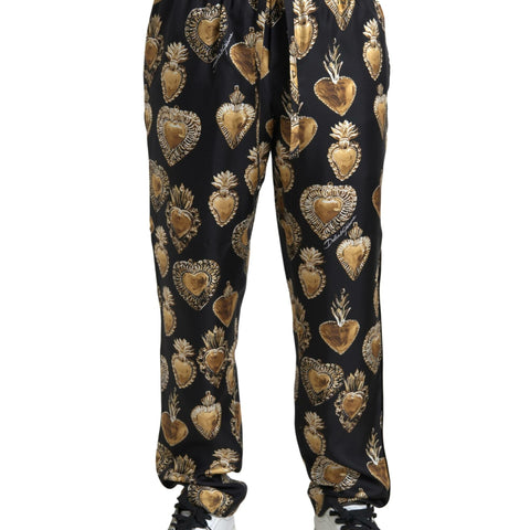 Dolce & Gabbana Black Heart Print Silk Men Jogger Pants