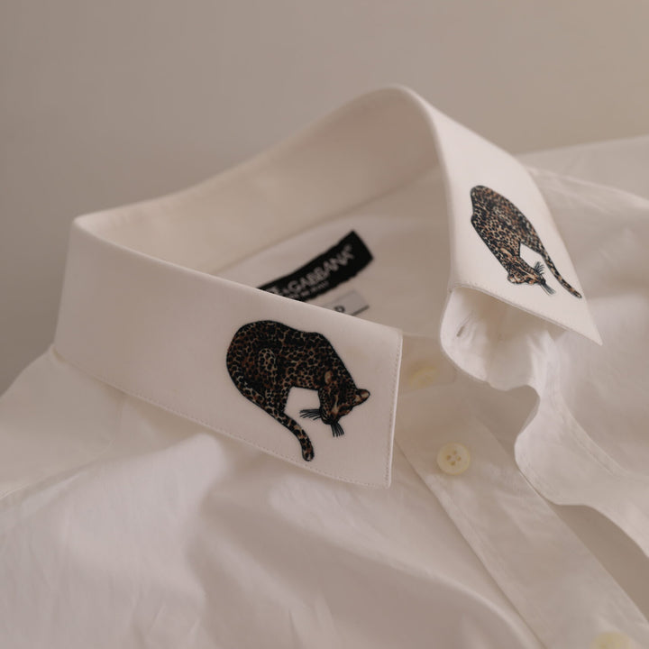 Dolce & Gabbana White GOLD Formal Leopard Cotton Dress Shirt