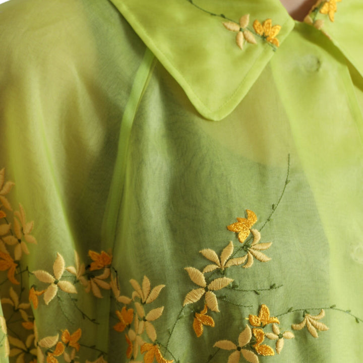 Dolce & Gabbana Green Silk Floral Embroidery Long Coat Jacket