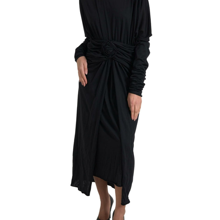 Dolce & Gabbana Black Wool Wrap Sheath Midi Gown Dress