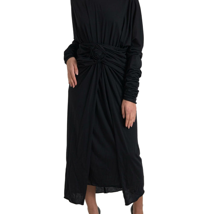 Dolce & Gabbana Black Wool Wrap Sheath Midi Gown Dress