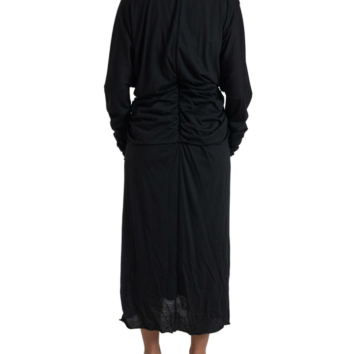 Dolce & Gabbana Black Wool Wrap Sheath Midi Gown Dress